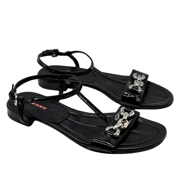 PRADA Black Patent Leather Sandals with Silver Block Chain Detail - Picture 3 of 10
